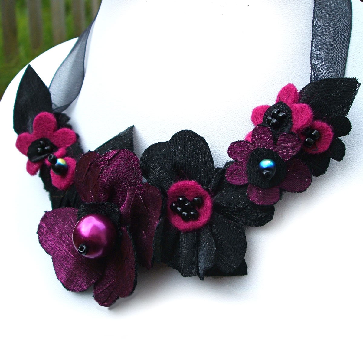 Magenta Pink and Black Ribbon Necklace, Fabric Flowers