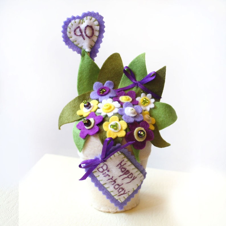 90th Birthday Milestone Gift of Mixed Flowers of Yellow & Purple in a Felt Pot, Hand Sewn Personalized Grandma Gifts for a Happy Birthday 