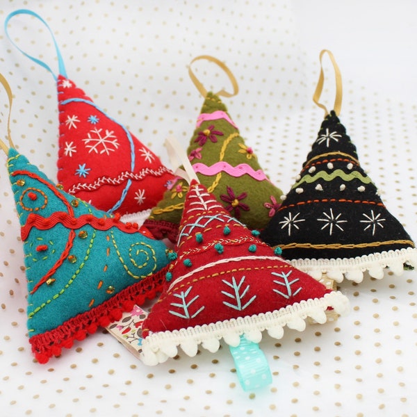 Felt Christmas Tree Decoration, Hand Embroidered, Handcrafted Holiday Decor in Traditional Colours, Single or Set of Five Trees