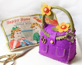 Felt Pincushion, Dressmaker Gift, Hand Sewn Sewing Essential, Purple Handbag Pin Cushion & Yellow Felt Flowers, Seamstress Birthday Present