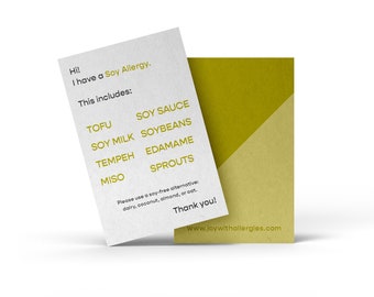 Soy Free Allergy Card | Soy Allergy | Dining with Allergies Made Simple | 1 Pack of 50 Cards