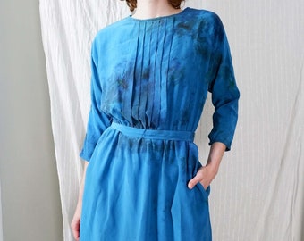Small/Medium | 60s/70s bright blue silk vintage knee length hand dyed quarter sleeve dress | Mai Ling