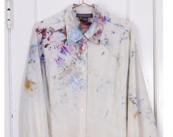 Size 20 | 90s cream silk hand dyed upcycled ice dyed collared long sleeve vintage blouse | Designs and Co Lane Bryant