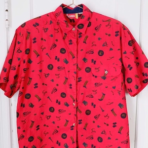 Large | 80s red collared short sleeve horse riding icons vintage cotton blouse | LExpress