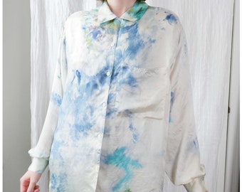 Size 10/Large | 80s silk cream vintage long sleeve minimalist romantic lounge blouse | hand ice dyed upcycled | Carole Little Saint Tropez
