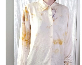 Small/Medium | 90s vintage silk collared minimalist long sleeve cream blouse hand ice dyed upcycled | City Silk