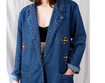 SALE | Size 12 | Vintage denim blazer with gold peal and colorful studded gems | Lori of California | 80s kitsch womens jacket clothing