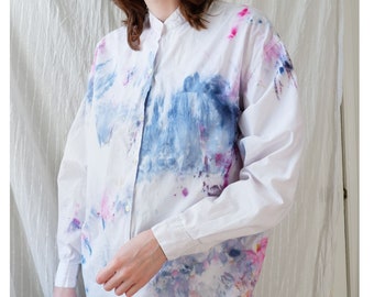 Small Medium | vintage cotton band collar curved hem minimalist button down womens shirt blouse | hand ice dyed | solutions | 80s 90s
