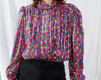 Medium/Large | 80s colorful dot patterned vintage secretary sheer polyester blouse with metallic | Collections by Josephine