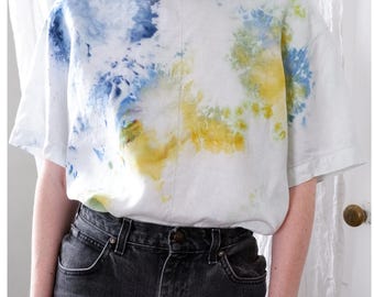 Size 12 | Vintage linen hand ice dyed upcycled short sleeve blouse | Liz Claiborne Chemise