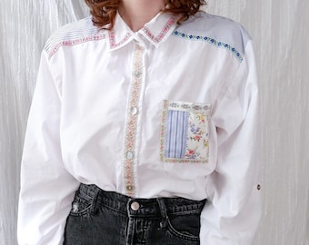 Petite Med/Large | Cotton Long Sleeve Collared Button-up with Floral Woven Binding and Stripes | Teddi Petite | Mixed Patterns | 80's 90's