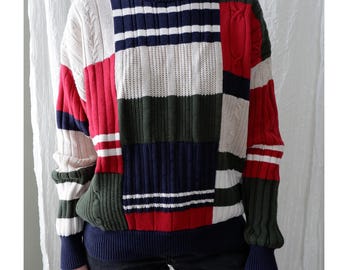 Medium | 90s Vintage color blocked cotton linen colorful womens sweater | Nautica