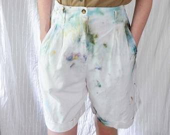 14"/28" Waist | 80s linen cotton high waisted bermuda style vintage shorts | hand ice dyed upcycled | Rafaella