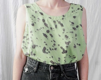 Large | 90s silk lime green vintage sleeveless tank | upcycled hand painted dyed | splatter paint pattern | Nexx