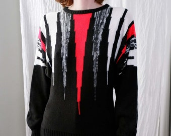 Small | 70s 80s retro abstract black white gray red pullover vintage sweater