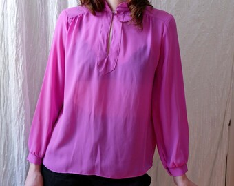 XS/Small | 70's sheer polyester bright magenta purple blouse with band collar and front keyhole | Tea Leaves of California