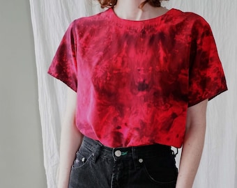 Small I 80s silk vintage red abstract pattern short sleeve blouse I hand ice dyed upcycled I Anna and Frank