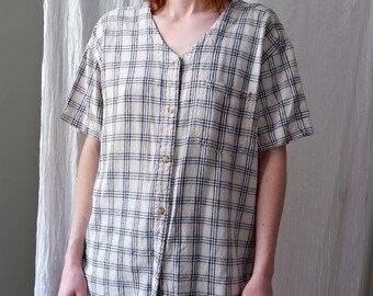 Large | Raw silk plaid baseball style V-neck button down short sleeve vintage blouse | Silk Exchange | 80s 90s clothing