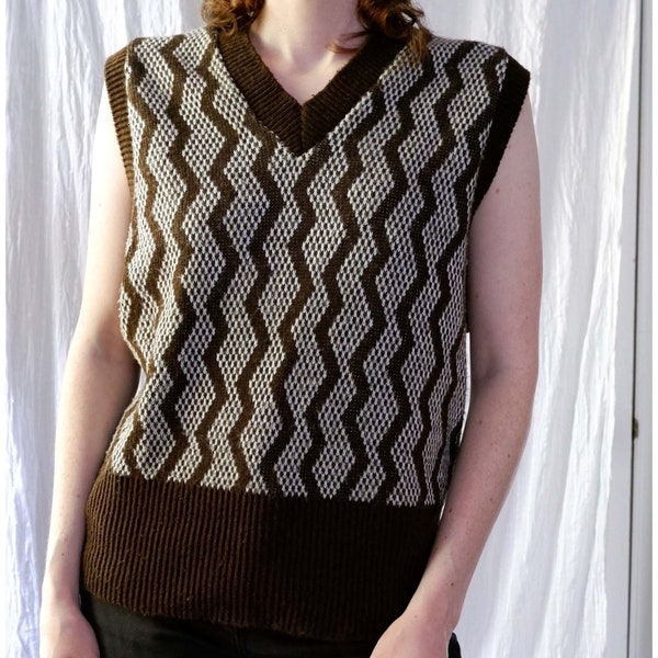 Mens Small/Womens Medium | 70's mens brown and white zig zag intarsia knitted acrylic sweater vest | Kings Road Shop Sears