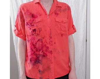 Medium | 90s silk vintage coral utility pink hand ice dyed blouse | Anna and Frank