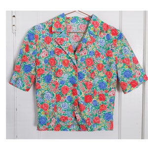 Small | 80s cotton floral vintage colorful handmade blouse
