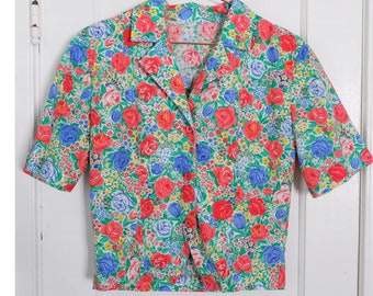 Small | 80s cotton floral vintage colorful handmade blouse
