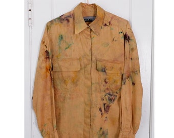 Small/Medium | 80s rust linen vintage minimalist collared long sleeve blouse | upcycled hand ice dyed | Linda Allard Ellen Tracy