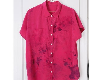 Medium | silk bright pink hand ice dyed vintage short sleeve collared blouse | Tommy Bahama