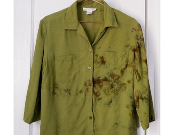 Medium | 90s silk olive green hand ice dyed vintage blouse | Anna and Frank