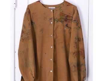 Large/Extra Large | 80s 90s silk brown minimalist collarless hand dyed long sleeve blouse | Rafaella