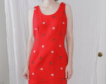 Small | 90s red flower embroidered woven mini sleeveless vintage retro dress | My Michelle