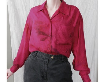 Size Medium I 70s 80s magenta pink silk collared retro hand ice dyed polka dot vintage blouse I Ciaosport