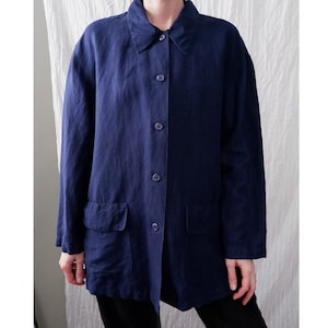 Medium/Large I 70s 80s vintage linen collared navy womens minimalist chore jacket I Appraisal