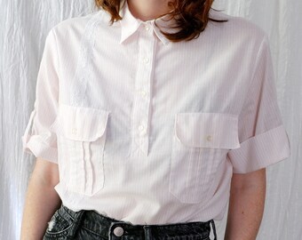 Small Medium | Vintage pink and white striped collared short sleeve blouse with lace stripe | City Girl | 80s vintage top