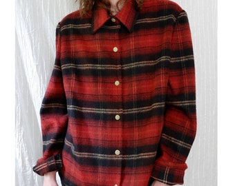 Size Medium/Large | Brushed wool flannel red black plaid collared jacket with gold snap closures | Evan Picone | 80's 90's womens vintage