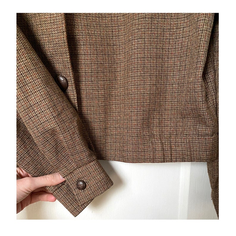 80/'s 90/'s Made In the USA Casual Corner /& Co Vintage Brown Plaid Polyester Rayon Cropped Buttoned Long Sleeve Jacket Size 10