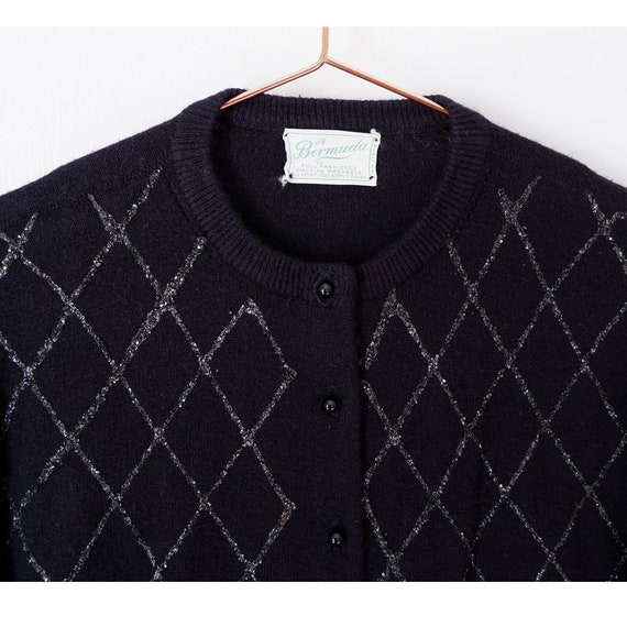 XS | 1950s acrylic black cardigan sweater with gl… - image 3