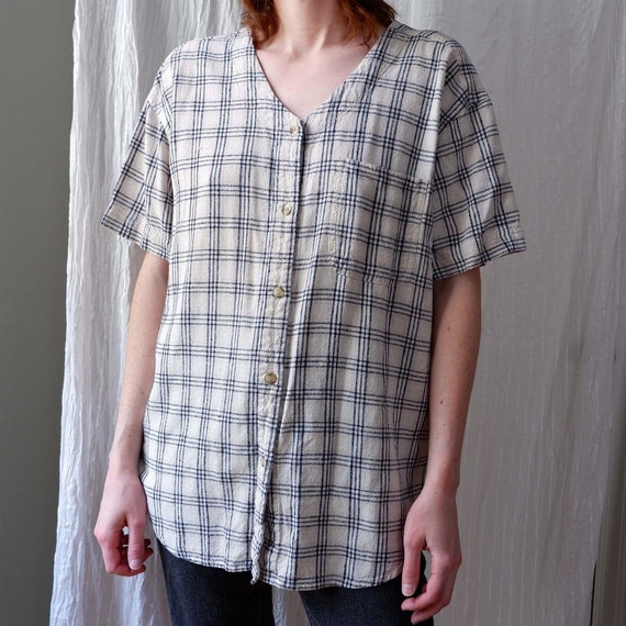 Large | Raw silk plaid baseball style V-neck butt… - image 1