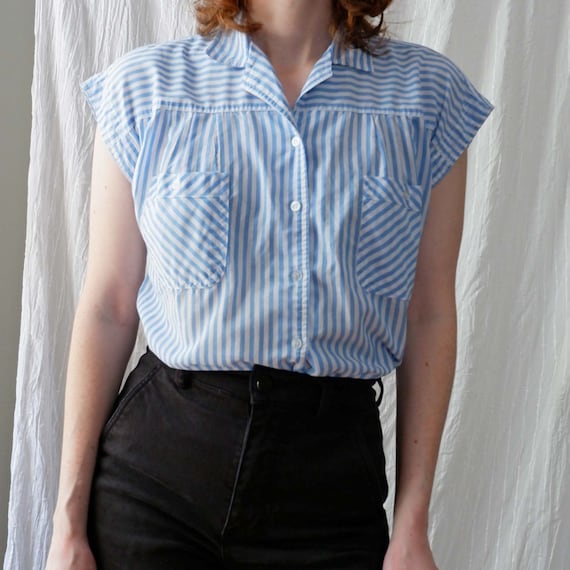 Small | 80's vintage blue and white striped cotton sleeveless blouse | Heres a Hug | minimalist retro womens top