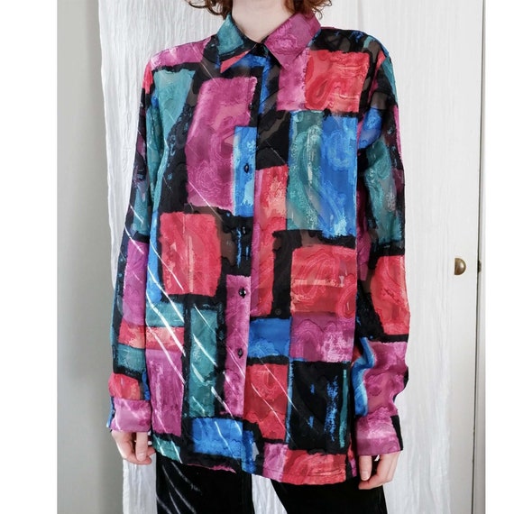 Large | 90s patchwork long sleeve collared sheer … - image 1