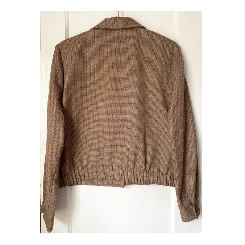 80/'s 90/'s Made In the USA Casual Corner /& Co Vintage Brown Plaid Polyester Rayon Cropped Buttoned Long Sleeve Jacket Size 10