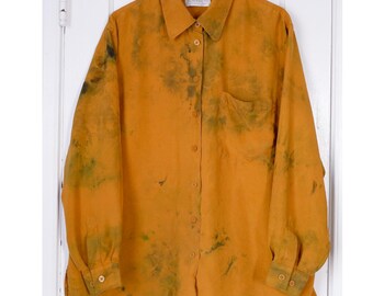 Size 16 | 90's silk pumpkin orange silk collared hand ice dyed blouse | Elisabeth