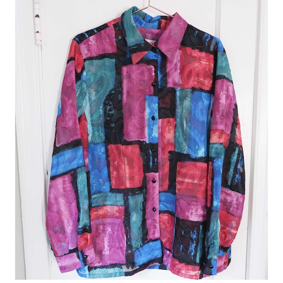 Large | 90s patchwork long sleeve collared sheer … - image 2