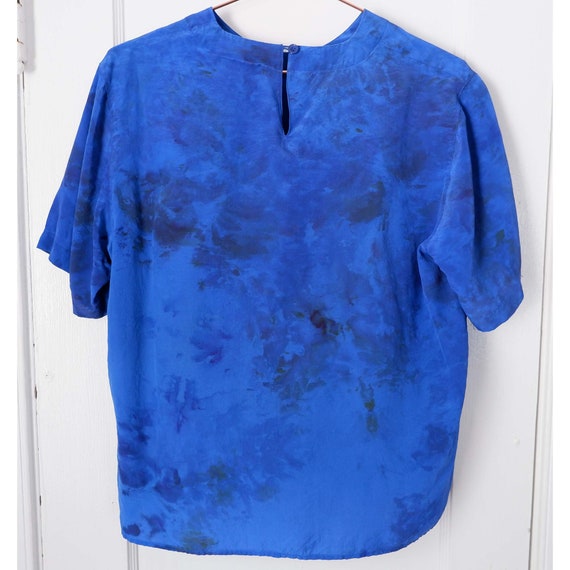 Small | 80s silk bright blue hand dyed short slee… - image 3