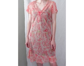 Small/Medium | 90s vintage sheer floral coquette ruffled bow dress | Kim Rogers Intimates