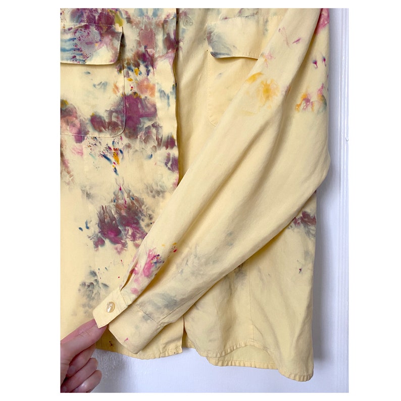 Light yellow silk long sleeve military style silk blouse Ice dyed Petite SmallMedium Anna and Frank 90/'s womens vintage blouse