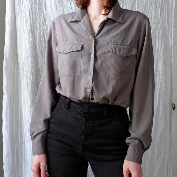 Medium | Vintage gray silk minimalist button down… - image 1