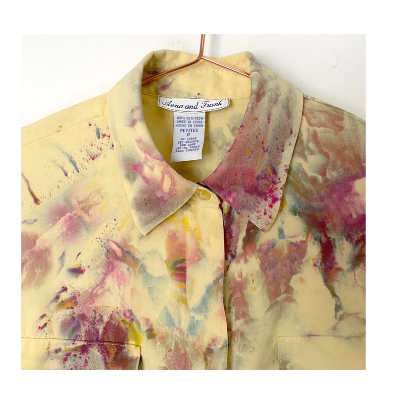 Light yellow silk long sleeve military style silk blouse Ice dyed Petite SmallMedium Anna and Frank 90/'s womens vintage blouse