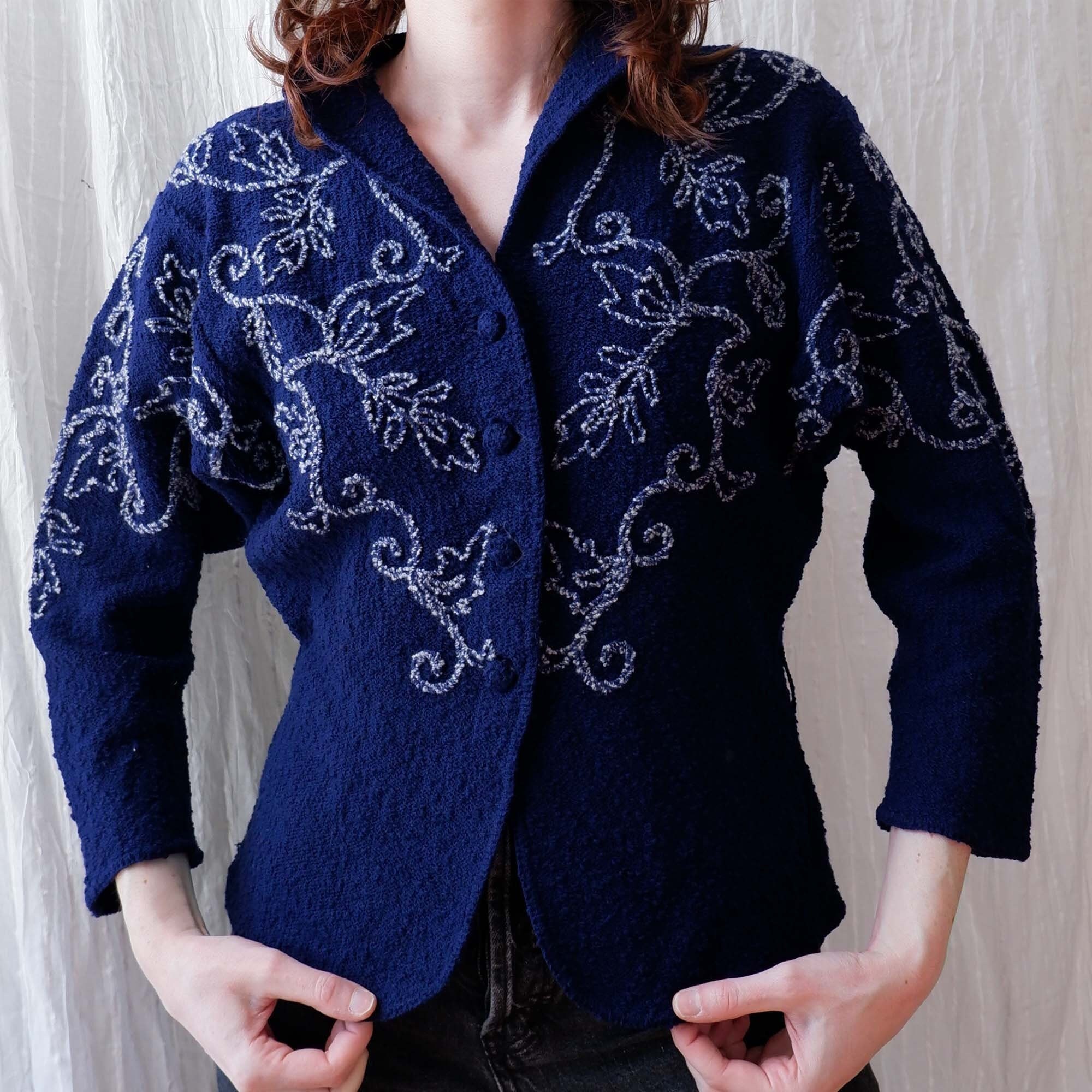 トップス 40s50s VintageUnknownNavyMohair Cardigan Xs/small | 40s 50s Style Navy Textured Cotton Cardigan