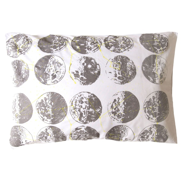 ONE Glow In The Dark Constellation Moon Phases Screen Printed Pillowcase Gray/Yellow